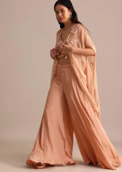 Peach Organza Crop Top Suit With Embroidered Jacket