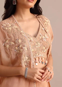 Peach Organza Crop Top Suit With Embroidered Jacket