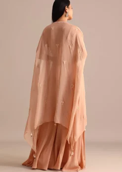 Peach Organza Crop Top Suit With Embroidered Jacket