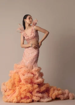 Peach Organza Cutdana Trail Lehenga With Feather Sleeve Blouse