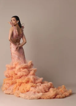 Peach Organza Cutdana Trail Lehenga With Feather Sleeve Blouse