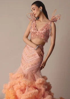 Peach Organza Cutdana Trail Lehenga With Feather Sleeve Blouse