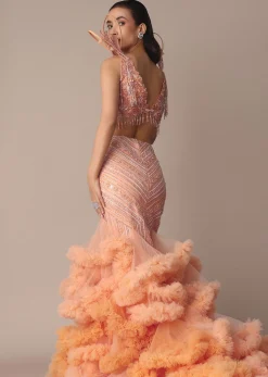 Peach Organza Cutdana Trail Lehenga With Feather Sleeve Blouse