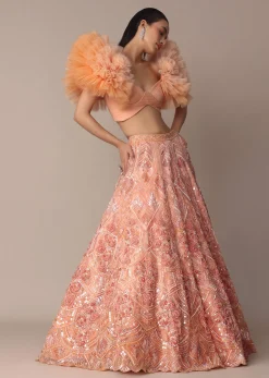Peach Organza Embroidered Lehenga Set With Floral Ruffle Blouse