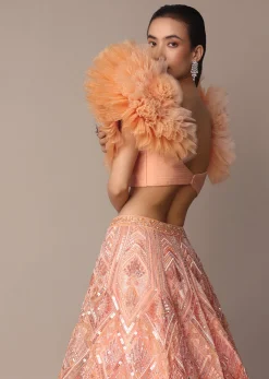 Peach Organza Embroidered Lehenga Set With Floral Ruffle Blouse