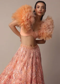 Peach Organza Embroidered Lehenga Set With Floral Ruffle Blouse