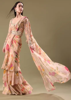 Peach Organza Pre Draped Saree With Embroidered Blouse