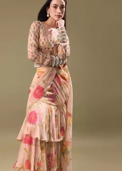 Peach Organza Pre Draped Saree With Embroidered Blouse