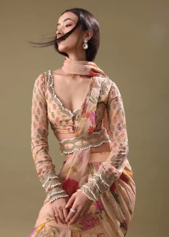 Peach Organza Pre Draped Saree With Embroidered Blouse