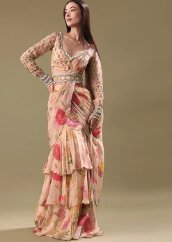 Peach Organza Pre Draped Saree With Embroidered Blouse