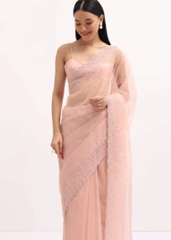 Peach Organza Saree In Sequins With Unstitched Blouse