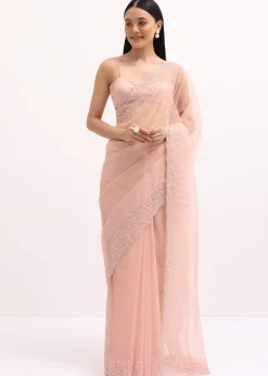 Peach Organza Saree In Sequins With Unstitched Blouse