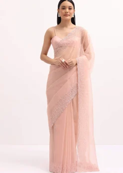 Peach Organza Saree In Sequins With Unstitched Blouse