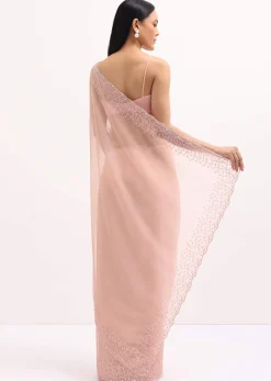 Peach Organza Saree In Sequins With Unstitched Blouse