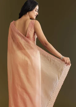 Peach Organza Saree With Stone Embellishment And Scallop Border