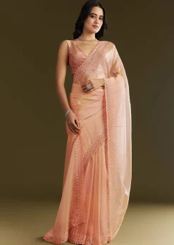 Peach Organza Saree With Stone Embellishment And Scallop Border