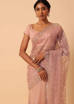 Peach Organza Saree With Cutdana Work And Unstitched Blouse Piece