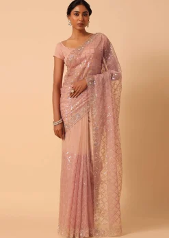 Peach Organza Saree With Cutdana Work And Unstitched Blouse Piece