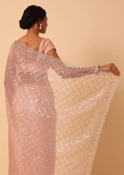 Peach Organza Saree With Cutdana Work And Unstitched Blouse Piece