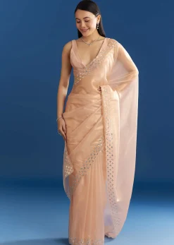 Peach Organza Tissue Saree With Cutdana Embellished Border