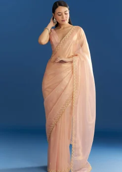 Peach Organza Tissue Saree With Scalloped Embroidery