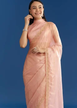 Peach Organza Tissue Saree With Scallop Edge