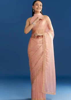 Peach Organza Tissue Saree With Scallop Edge