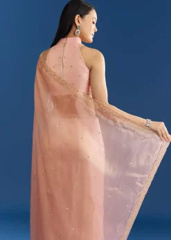 Peach Organza Tissue Saree With Scallop Edge