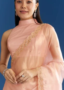 Peach Organza Tissue Saree With Scallop Edge