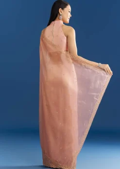 Peach Organza Tissue Saree With Scallop Edge
