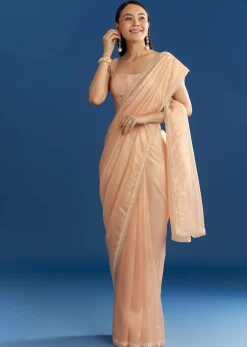 Peach Organza Tissue Saree With Beaded Border