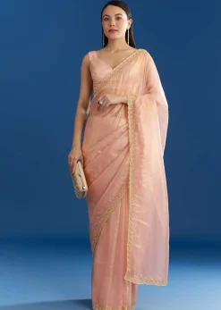 Peach Organza Tissue Saree With Beaded Scallop