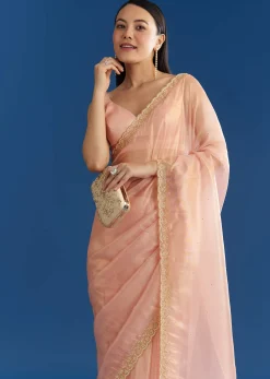Peach Organza Tissue Saree With Beaded Scallop