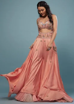 Peach Pink Embroidered Jumpsuit In Satin