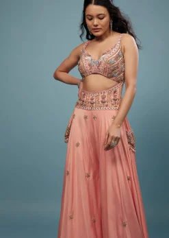 Peach Pink Embroidered Jumpsuit In Satin