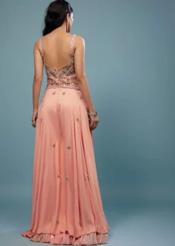 Peach Pink Embroidered Jumpsuit In Satin
