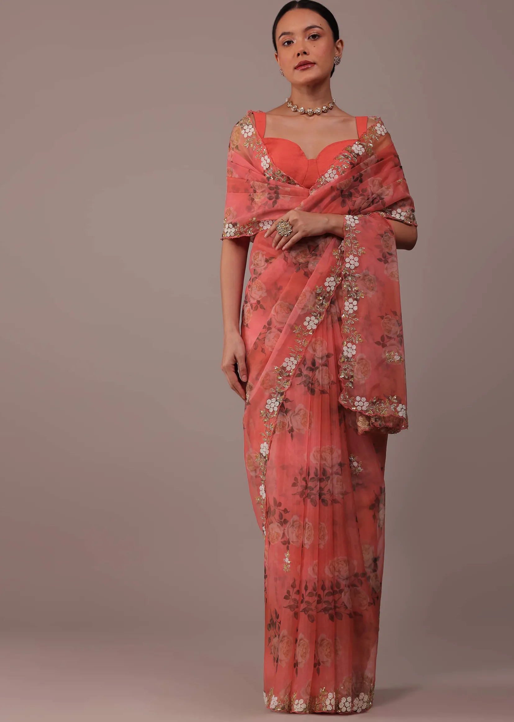 Peach Pink Floral Printed Saree In Organza With Cut Dana Butti All Over