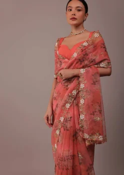 Peach Pink Floral Printed Saree In Organza With Cut Dana Butti All Over