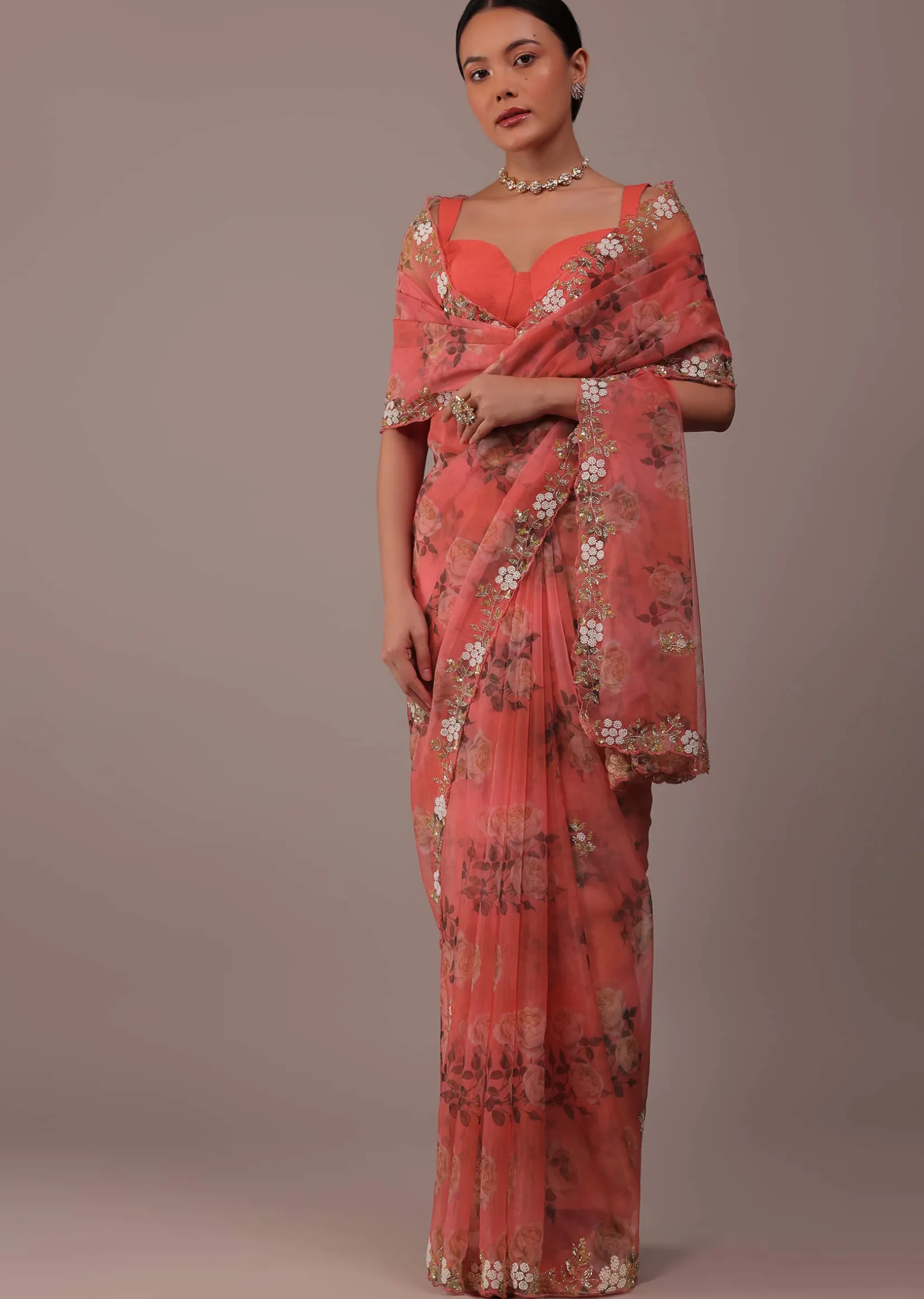 Peach Pink Floral Printed Saree In Organza With Cut Dana Butti All Over