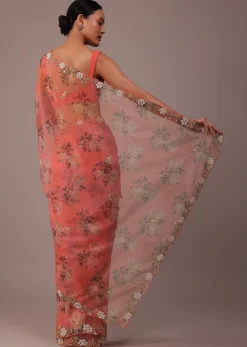 Peach Pink Floral Printed Saree In Organza With Cut Dana Butti All Over
