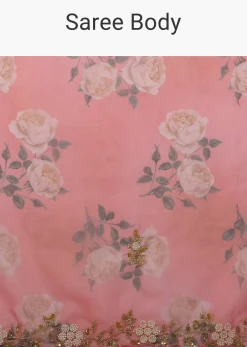 Peach Pink Floral Printed Saree In Organza With Cut Dana Butti All Over