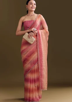 Peach Pink Glass Tissue Saree With Stone And Cutdana Embroidery