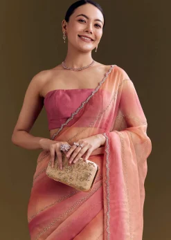 Peach Pink Glass Tissue Saree With Stone And Cutdana Embroidery