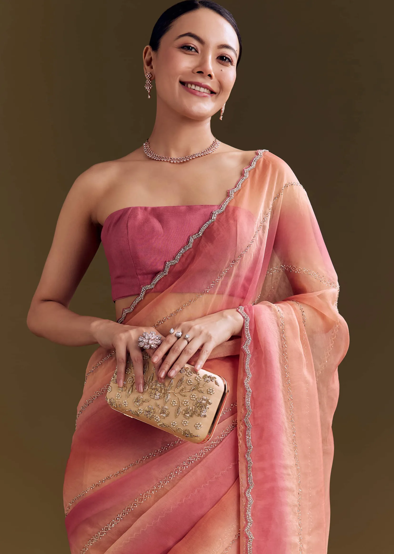 Peach Pink Glass Tissue Saree With Stone And Cutdana Embroidery