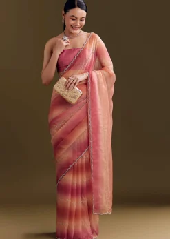 Peach Pink Glass Tissue Saree With Stone And Cutdana Embroidery