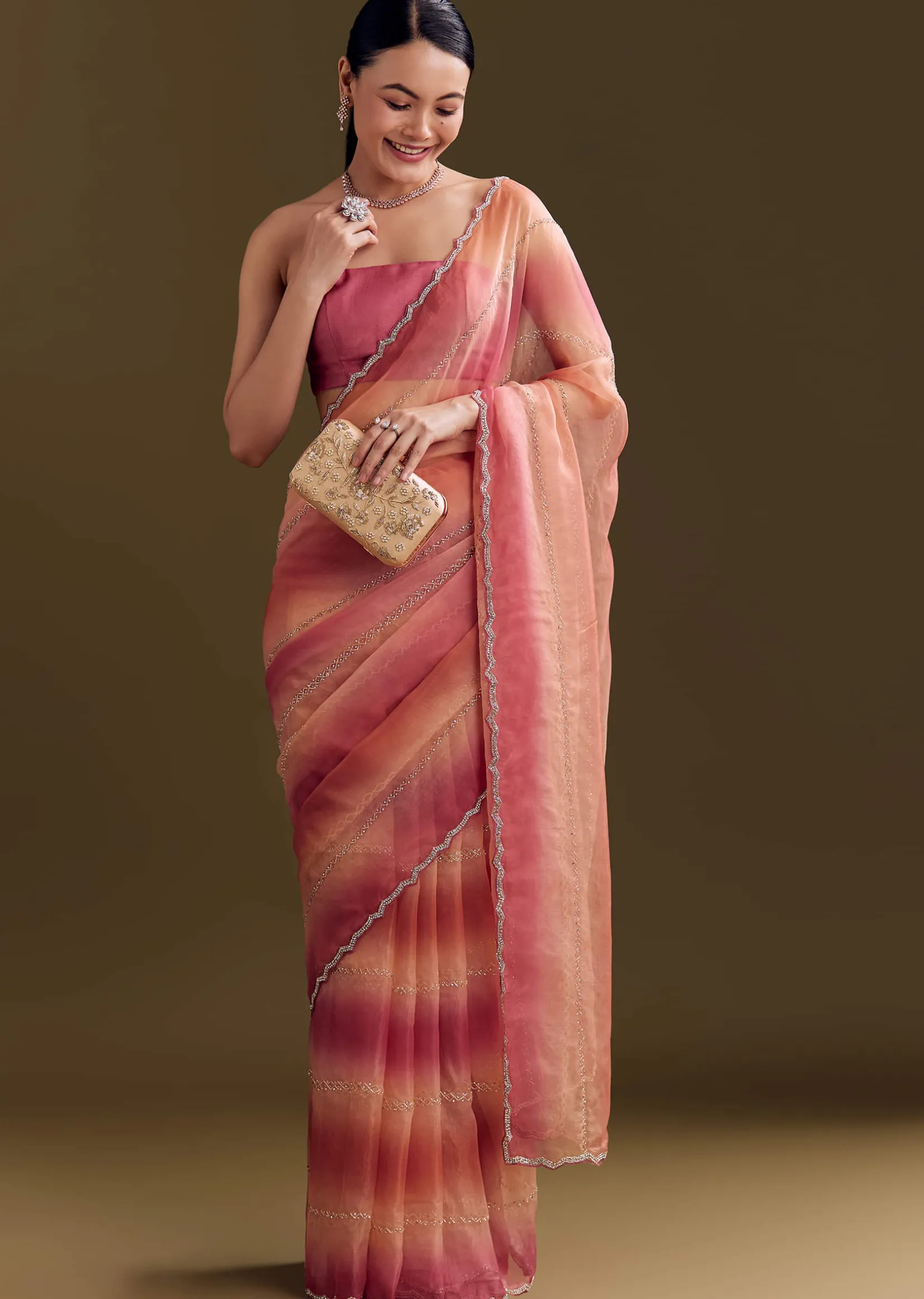Peach Pink Glass Tissue Saree With Stone And Cutdana Embroidery