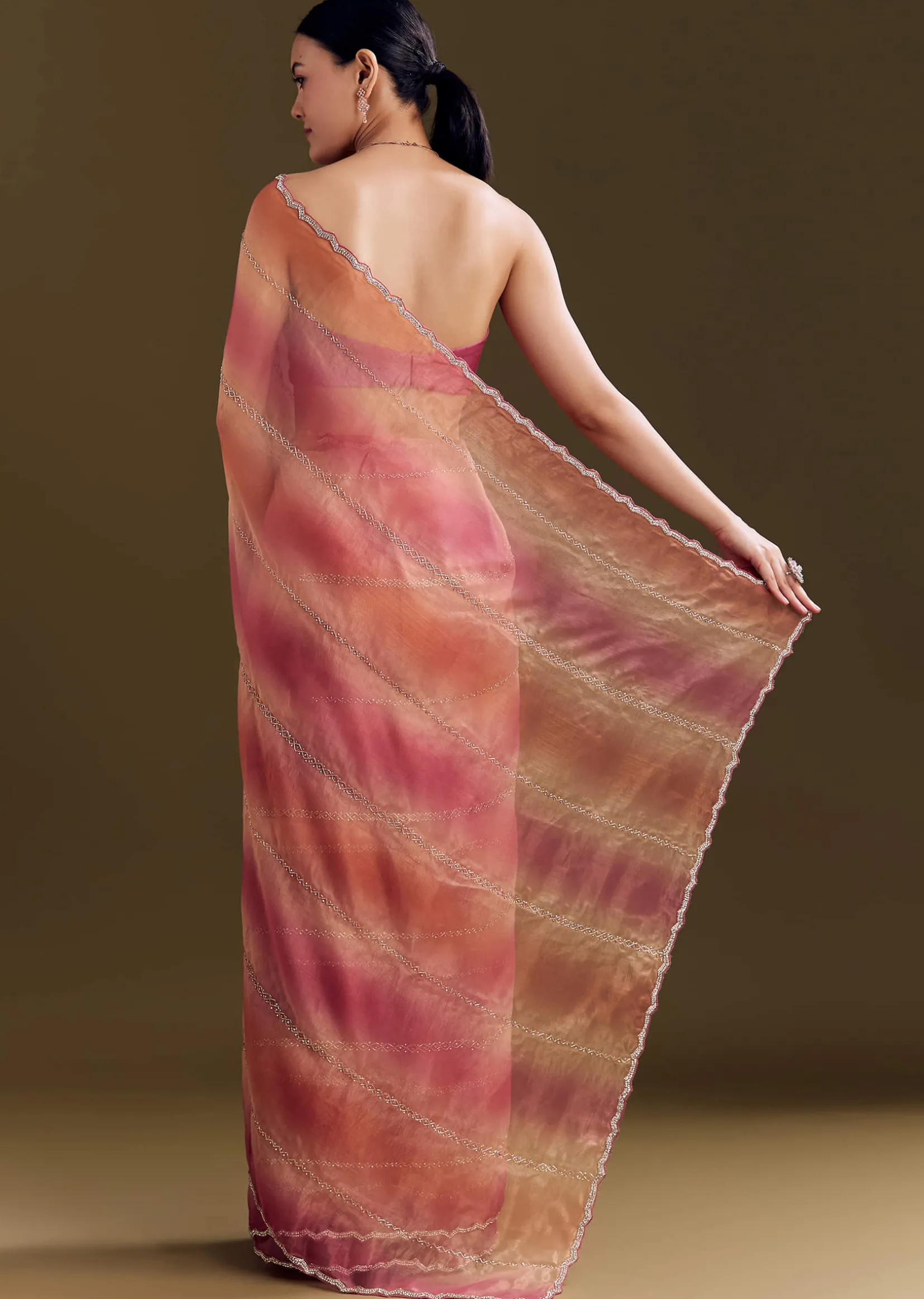 Peach Pink Glass Tissue Saree With Stone And Cutdana Embroidery
