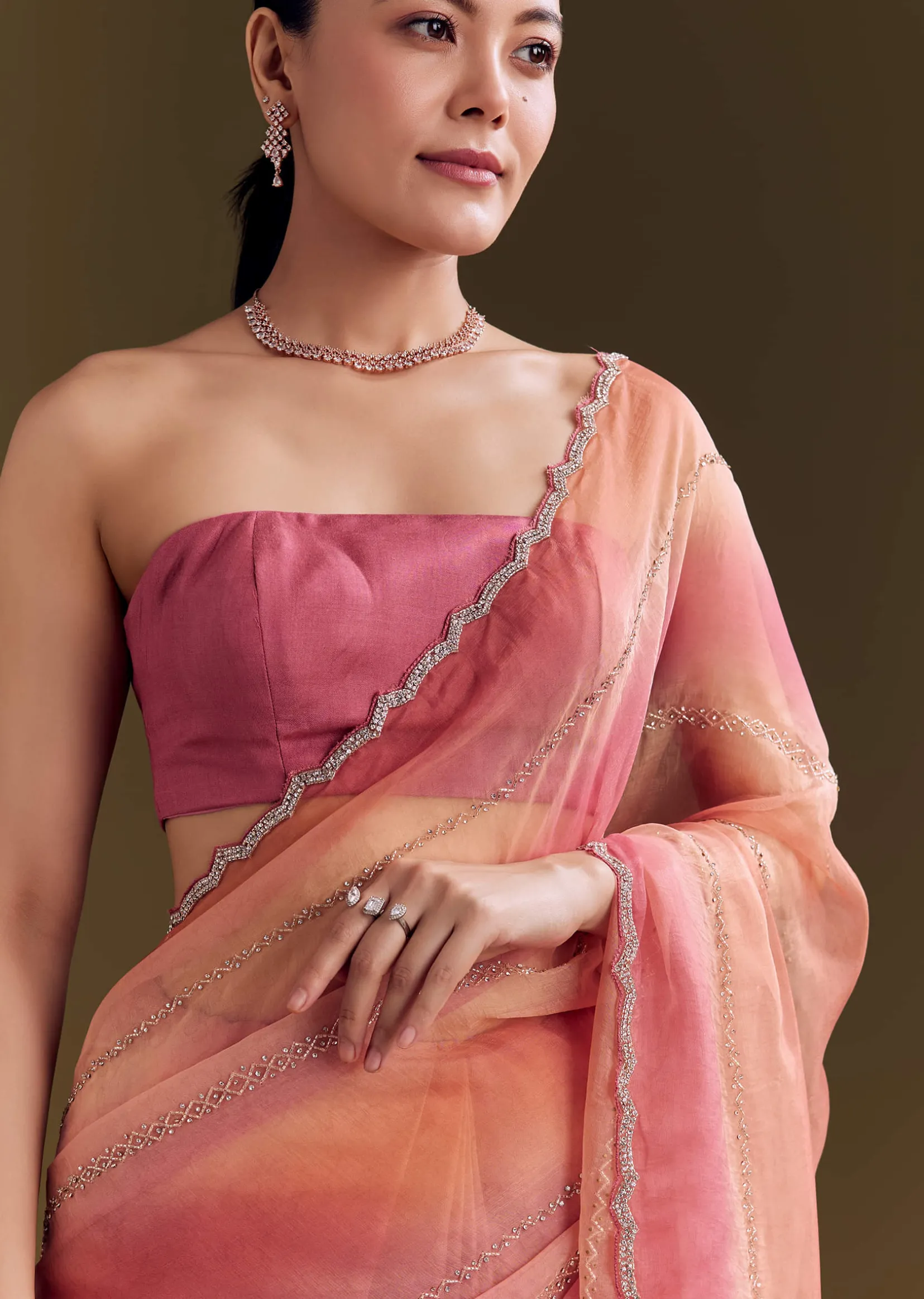 Peach Pink Glass Tissue Saree With Stone And Cutdana Embroidery