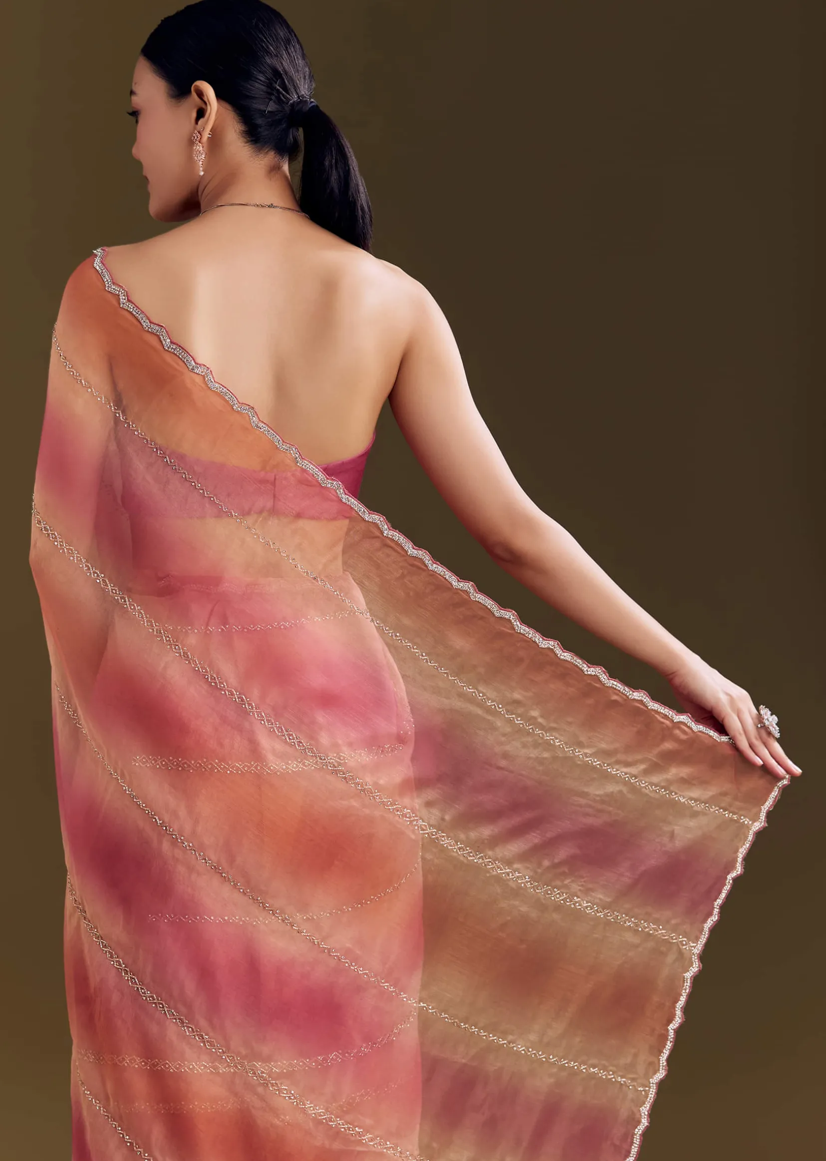 Peach Pink Glass Tissue Saree With Stone And Cutdana Embroidery