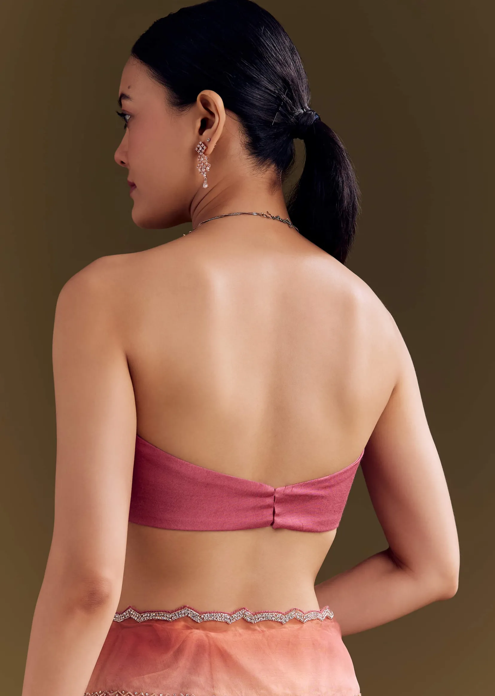 Peach Pink Glass Tissue Saree With Stone And Cutdana Embroidery